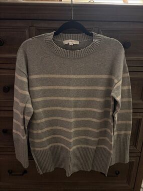 LOFT Gray Striped Crewneck Sweater